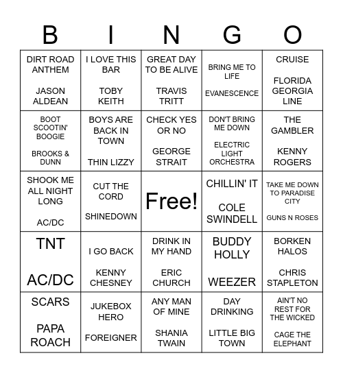 COUNTRY / ROCK MIX Bingo Card