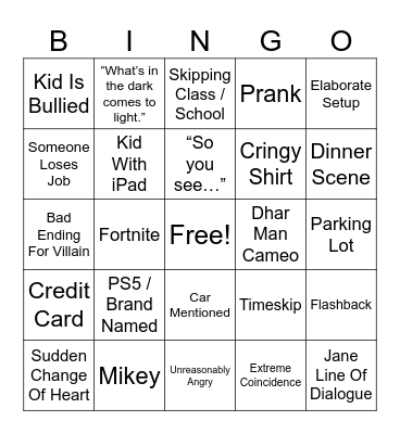 Dhar Dhar Binks Bingo Card