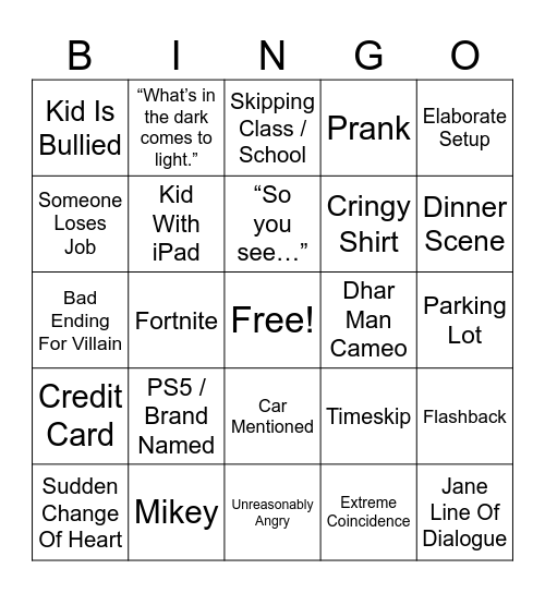 Dhar Dhar Binks Bingo Card