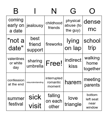 Rom-Com Checklist Bingo Card