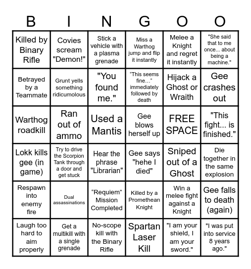 Halo 4 Bingo Card