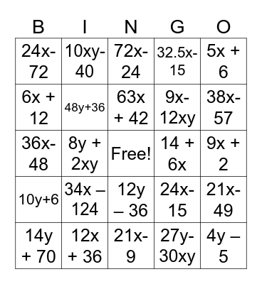Algebra Distribute-O! Bingo Card