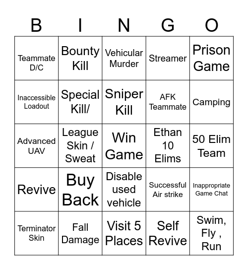 Warzone Bingo Card