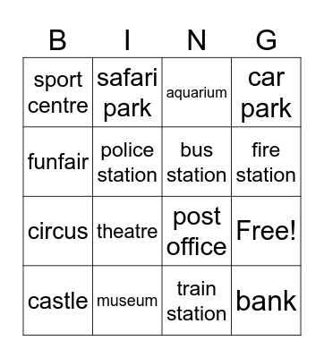 Places Bingo Card