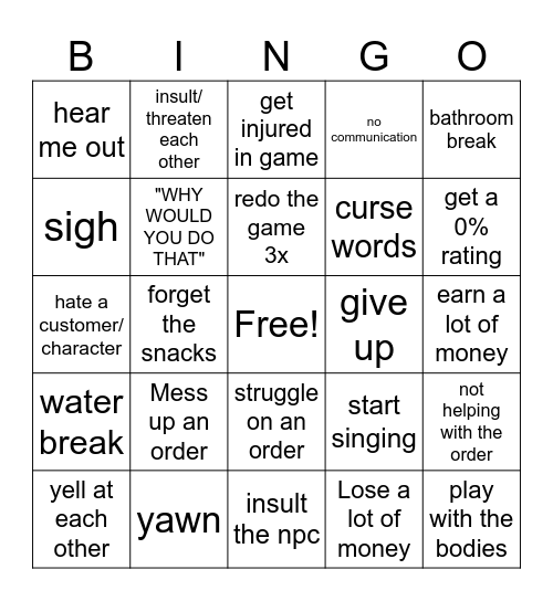cafe bingo Card