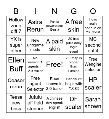 2.0 livestream Bingo Card