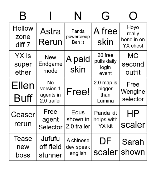 2.0 livestream Bingo Card