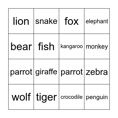 ANIMALS Bingo Card