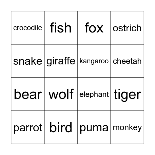 ANIMALS Bingo Card