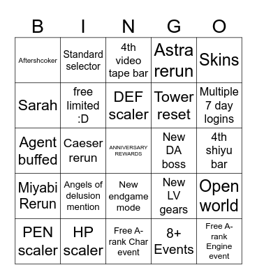 2.0 Livestream bingo Card