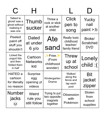 Weird/Traumatic Childhood Bingo Card