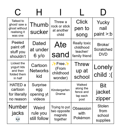 Weird/Traumatic Childhood Bingo Card