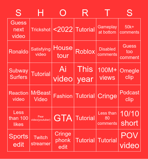 Short bingo Card