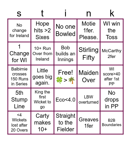 WI vs IRE 2nd ODI Bingo Card