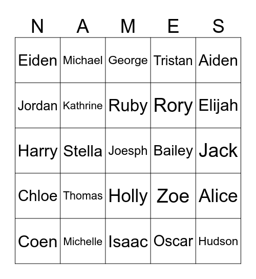 Infamous names from your childhood Bingo Card