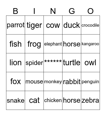 Animals Bingo Card