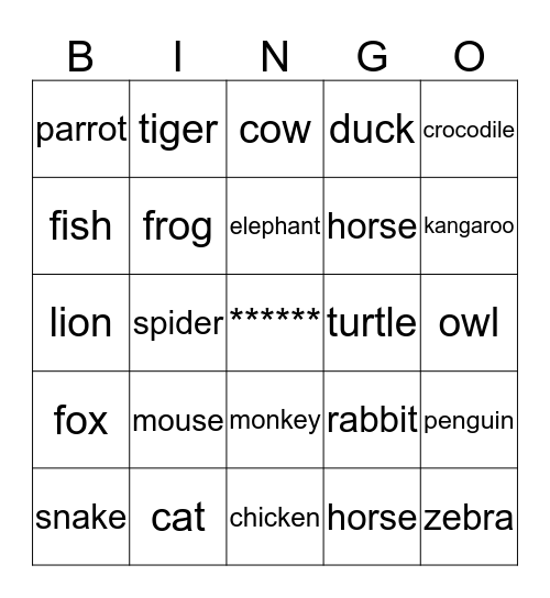 Animals Bingo Card