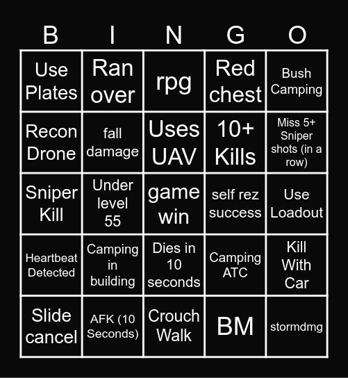 warzone Bingo Card