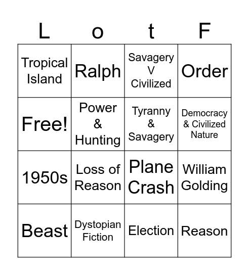 Lord of the Flies Bingo Card