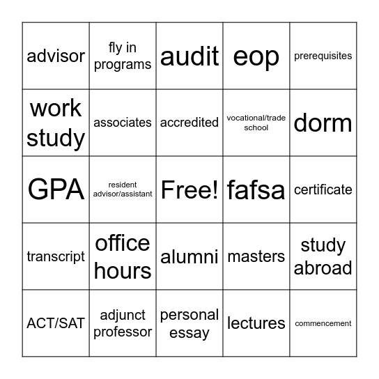 College Terms Bingo Card