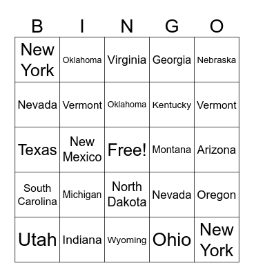All 50 States Bingo Card