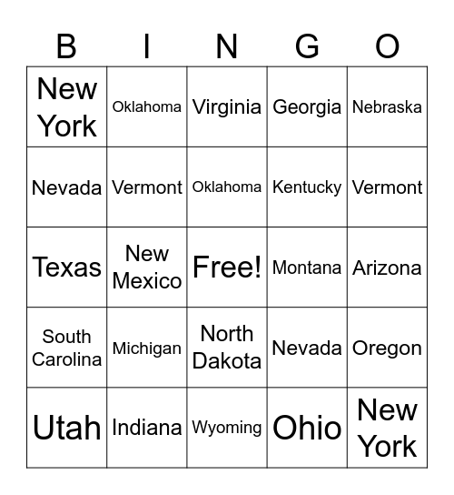 All 50 States Bingo Card