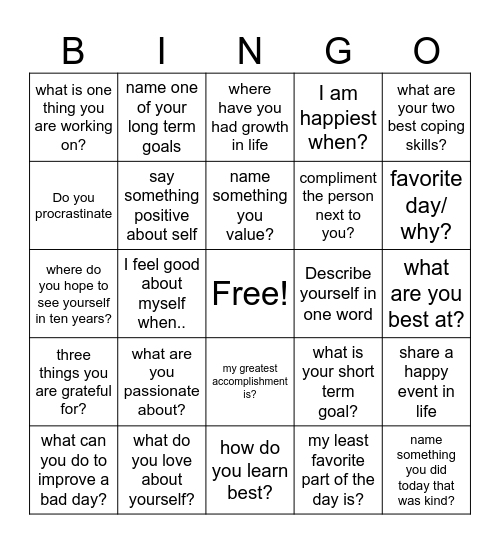 Getting to know others and myself Bingo Card