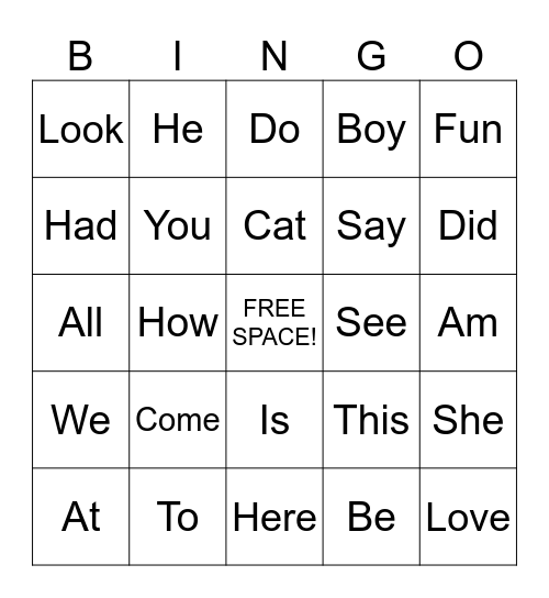 SNAP WORD BINGO Card