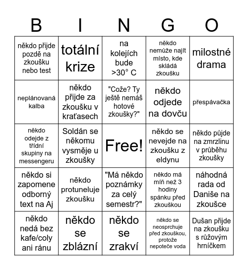 Zkouškové v letňáku 2025 Bingo Card