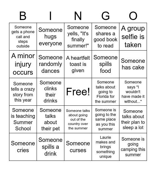 End of the Year Luncheon Bingo Card