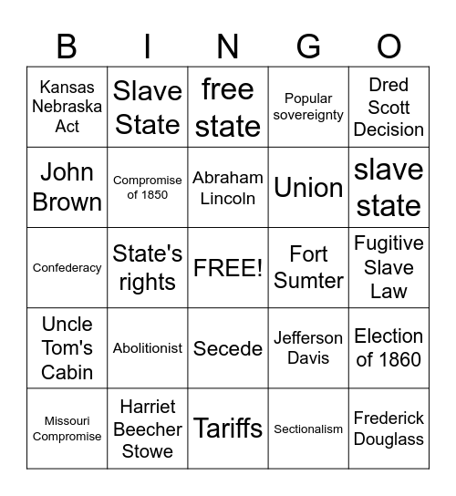 Causes of the Civil War Bingo Card