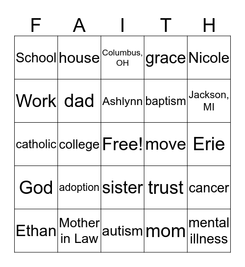 Cramer Faith Story Bingo Card