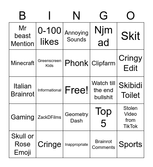 YT shorts May 2025 bingo Card
