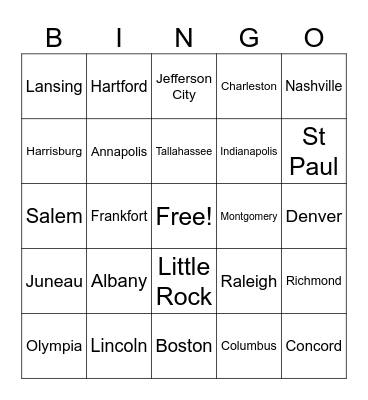 State Capital Bingo Card