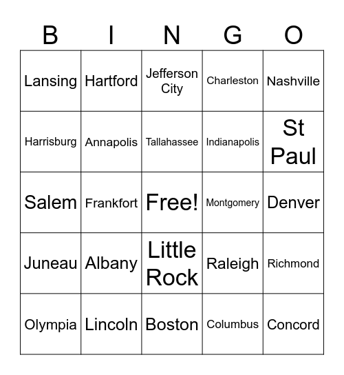 State Capital Bingo Card
