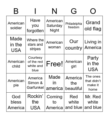 American/Patriotic Bingo Card