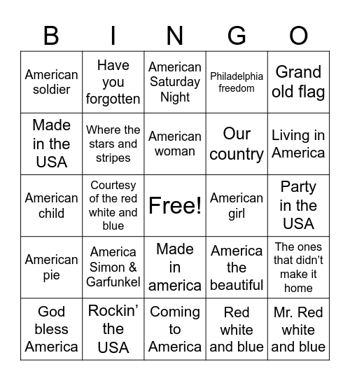 American/Patriotic Bingo Card