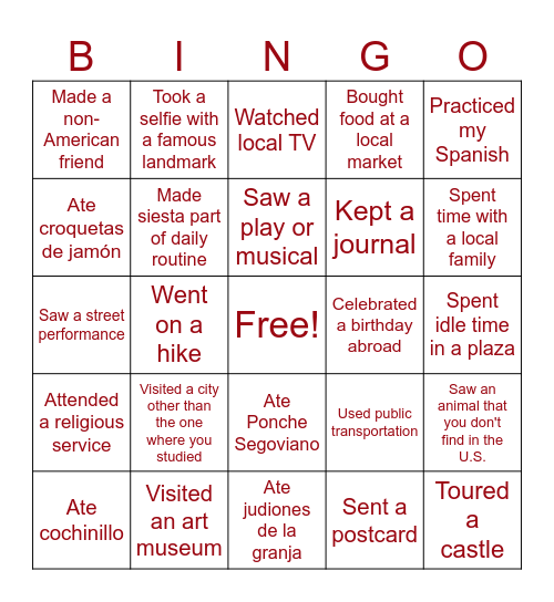 Segovia Study Abroad BINGO Card