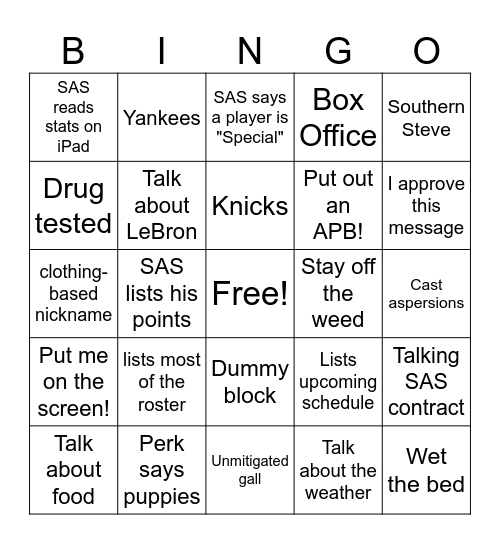 First Take Bingo Card