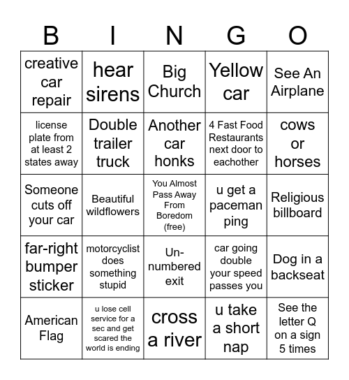 lea car ride bingo!! Bingo Card