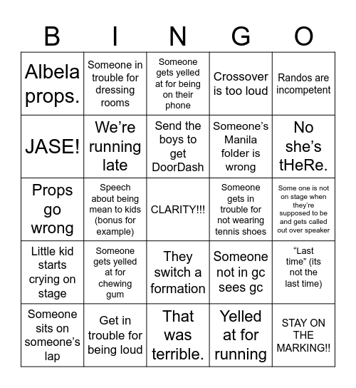 Rehearsal Day Bingo!!! Bingo Card