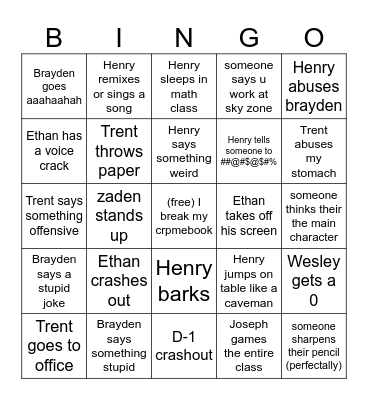 school bingo Card