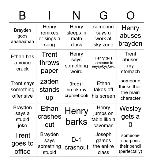 school bingo Card