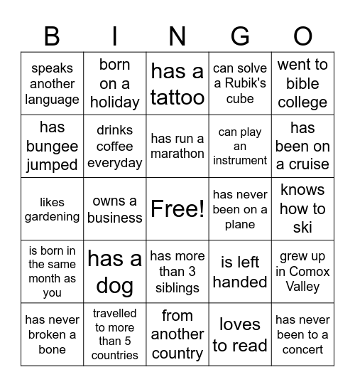 Find Someone Who Bingo Card