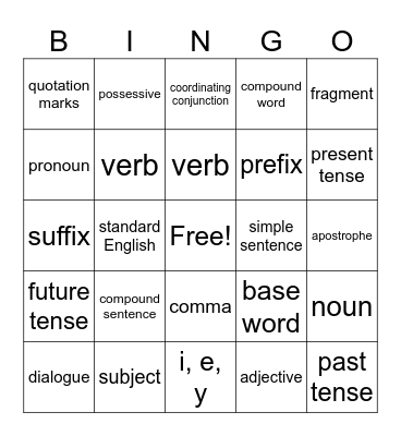 3rd Grade Grammar Bingo Card