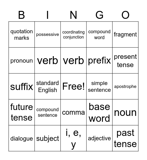 3rd Grade Grammar Bingo Card