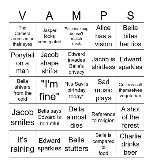 Twilight Bingo Card