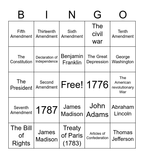 American History and Government Bingo Card
