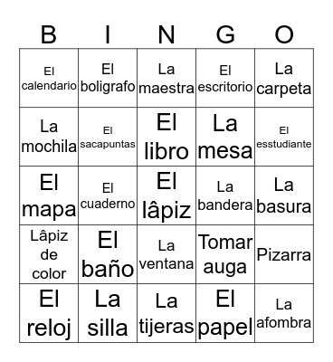 Classroom objects in Spanish Bingo Card