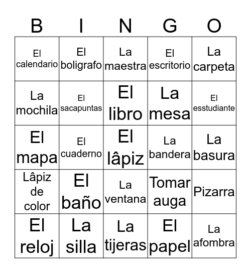 Classroom objects in Spanish Bingo Card